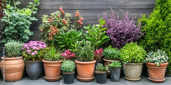 Fototapeta Beautiful Garden Pots, Colorful Container Garden, An Elegant Display of Garden Plants in Various Containers, creative container gardening