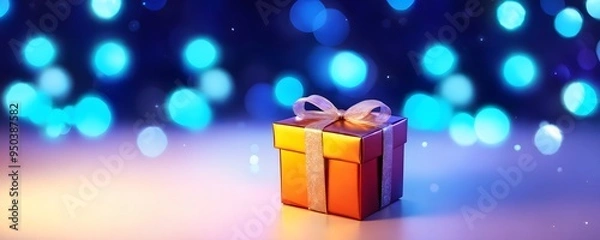 Fototapeta Colorful gift box decorated with a ribbon sits against a blurred backdrop of blue lights during a festive celebration