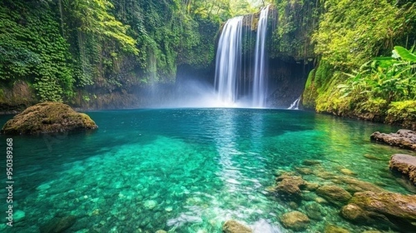 Obraz A stunning view of a tropical waterfall cascading into a crystal-clear pool surrounded by lush greenery