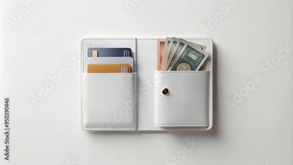 Fototapeta Minimalist white background with a sleek, realistic digital wallet mockup showcasing credit cards, cash, and IDs in a modern, organized layout.