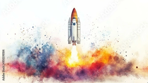 Fototapeta Watercolor Rocket Launch: A Journey Into The Universe