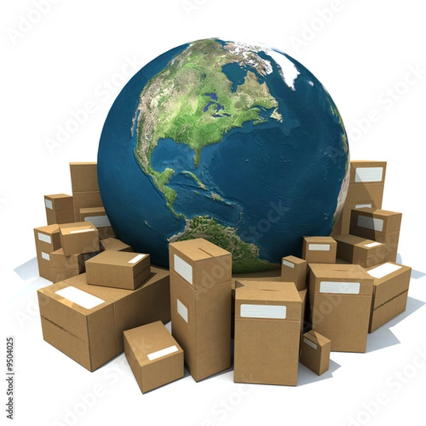 Fototapeta World Globe surrounded by big carboard boxes.