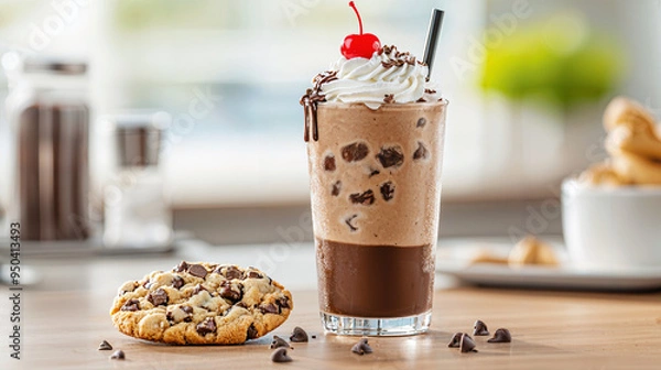 Fototapeta Decadent Chocolate Indulgence, a towering milkshake with rich whipped cream, drizzled chocolate syrup, a cherry on top, paired with a warm, gooey chocolate chip cookie.