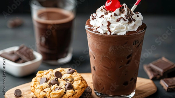 Fototapeta Indulgent dessert duo featuring a colossal chocolate milkshake crowned with whipped cream, chocolate syrup, and a cherry, paired with a warm, gooey chocolate chip cookie.
