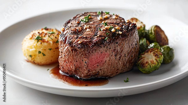 Obraz Savory sirloin steak with garlic butter, accompanied by a loaded baked potato and roasted Brussels sprouts, elegantly drizzled with balsamic glaze for added flavor.