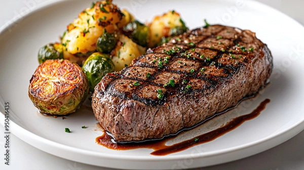 Fototapeta Savory sirloin steak with garlic butter, paired with a loaded baked potato and roasted Brussels sprouts, enhanced by a drizzle of balsamic glaze for a delightful meal.