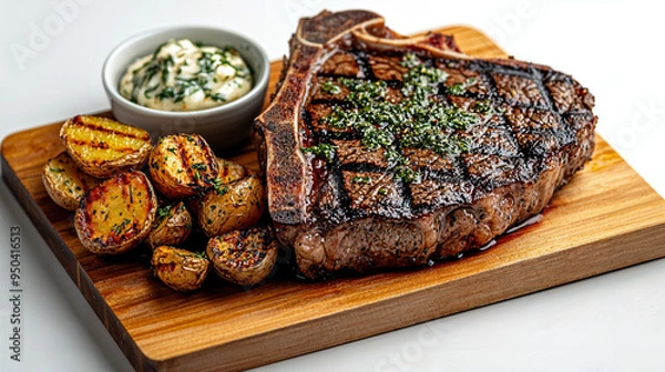 Fototapeta Charred T-bone Steak with Roasted Fingerling Potatoes and Grilled Vegetables, topped with Herb Butter for a Flavorful Dining Experience