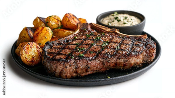 Fototapeta Savory T-bone steak, perfectly charred, paired with roasted fingerling potatoes, grilled vegetables, and a rich herb butter, creating a hearty and flavorful meal experience.