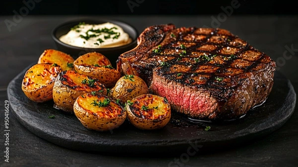Fototapeta Sizzling T-Bone Steak with Roasted Fingerling Potatoes and Grilled Vegetables, topped with Herb Butter for a savory and satisfying dining experience.