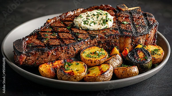 Fototapeta Savory T-bone steak with charred edges, complemented by roasted fingerling potatoes, grilled vegetables, finished with a rich herb butter dollop.
