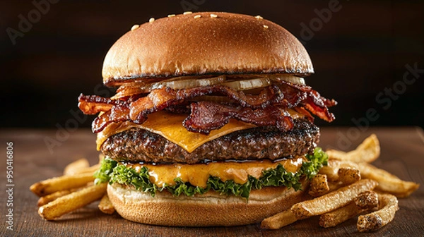 Fototapeta Ultimate burger delight, towering layers of crispy bacon, melted cheddar, caramelized onions, paired with a side of golden, crunchy fries for a satisfying meal experience