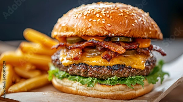 Fototapeta Gourmet Bacon Cheeseburger Delight, towering layers of crispy bacon, melted cheddar, caramelized onions, accompanied by golden, crunchy fries for a satisfying meal.