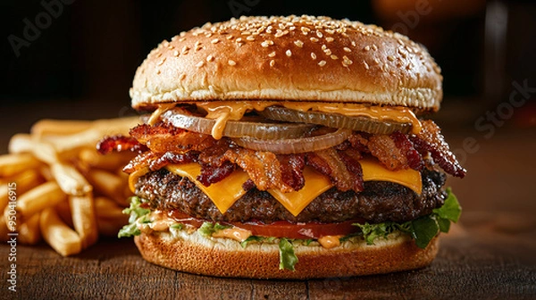 Fototapeta Gourmet Cheeseburger Delight, an indulgent burger stacked high with crispy bacon, gooey cheddar, and sweet caramelized onions, accompanied by a side of crispy golden fries.