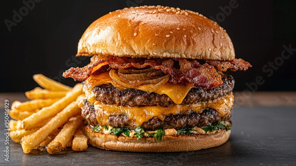 Fototapeta Gourmet Bacon Cheeseburger Delight, a towering creation featuring crispy bacon, melted cheddar, and caramelized onions, paired with golden, crunchy fries for a satisfying meal.
