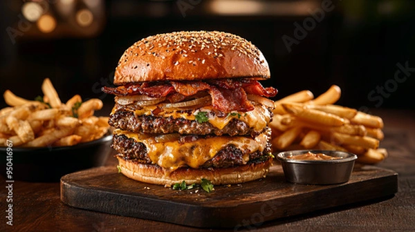 Fototapeta Epic cheeseburger stacked high with crispy bacon, melted cheddar, caramelized onions, accompanied by a side of golden crunchy fries, a feast for burger lovers.