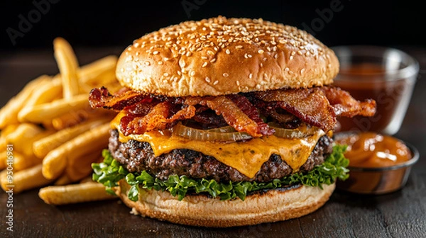 Fototapeta Ultimate Bacon Cheeseburger Feast, a towering delight of crispy bacon, melted cheddar, caramelized onions, accompanied by a side of golden, crunchy fries.