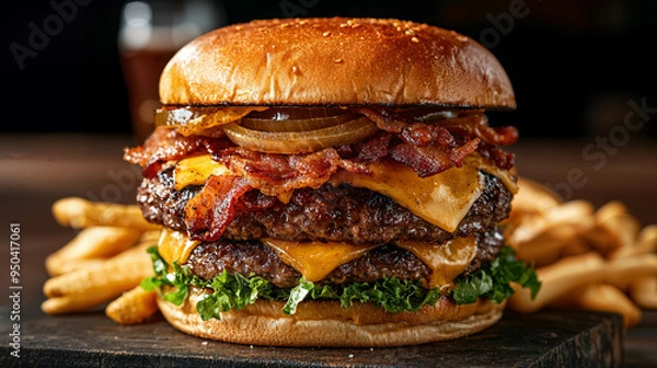 Fototapeta Ultimate Bacon Cheeseburger Feast, a towering burger layered with crispy bacon, melted cheddar, and caramelized onions, accompanied by a side of golden, crunchy fries.