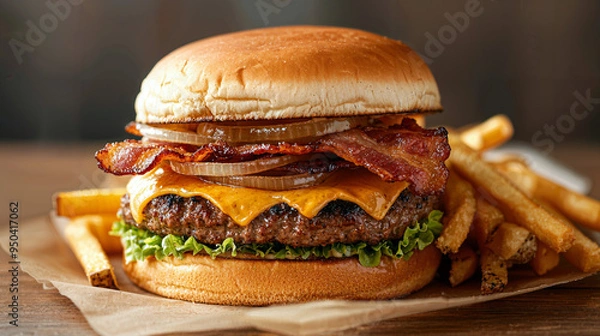 Fototapeta Hearty cheeseburger delight, towering layers of crispy bacon, melted cheddar, and sweet caramelized onions, accompanied by a generous serving of golden, crunchy fries