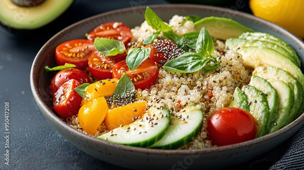 Fototapeta Colorful quinoa salad featuring creamy avocado, juicy cherry tomatoes, refreshing cucumber, topped with chia seeds and zesty lemon vinaigrette for a nutritious meal.