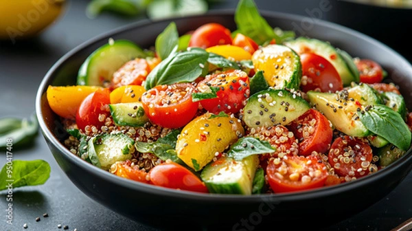 Fototapeta Vibrant quinoa salad with fresh avocado, cherry tomatoes, crisp cucumber, garnished with chia seeds and lemon vinaigrette, a healthy and colorful dish for any meal.