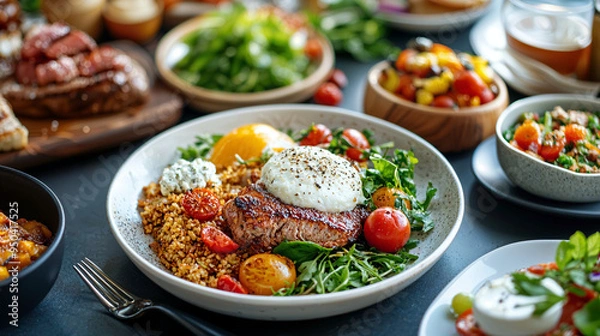 Fototapeta Gourmet Culinary Delights, an exquisite array of vibrant dishes showcasing fresh ingredients, artful presentation, and diverse flavors from global cuisines.