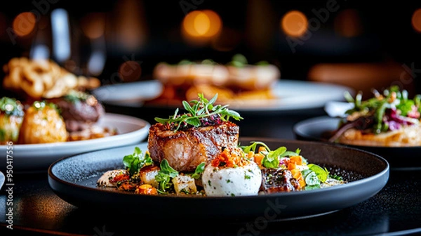 Fototapeta Culinary Delights, a vibrant spread of colorful dishes showcasing fresh ingredients, aromatic spices, and enticing presentation, perfect for a festive gathering or intimate dinner.