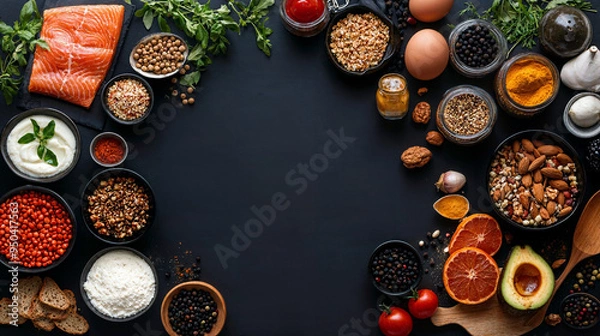 Fototapeta Gourmet Culinary Delights, an exquisite array of flavors and textures, showcasing vibrant dishes artfully presented, celebrating global cuisines and seasonal ingredients.