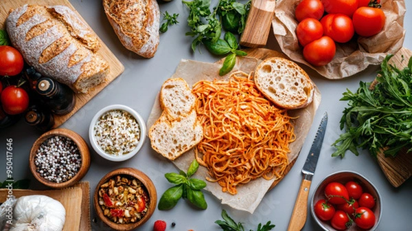 Fototapeta Gourmet Culinary Delights, an exquisite array of vibrant dishes showcasing fresh ingredients, rich flavors, and elegant presentations, perfect for food enthusiasts and connoisseurs.