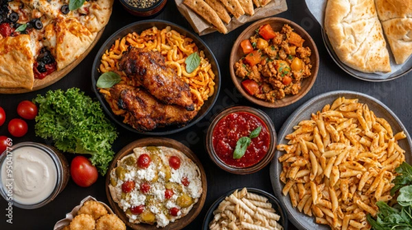 Fototapeta Gourmet Feast, a vibrant table spread featuring an array of colorful dishes, fresh ingredients, and artistic plating, inviting exploration of diverse culinary flavors and textures.