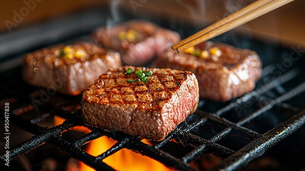 Obraz Gastronomic Pleasure, a luscious slice of steak cooked over an open flame, embodying the luxury and flavor of gourmet cuisine.