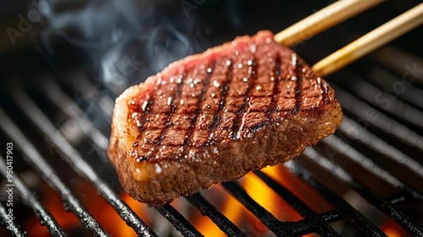 Fototapeta Epicurean Feast, a beautifully marbled steak sizzling over flames, ideal for those who appreciate the finer things in life.