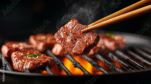 Fototapeta Perfectly Seared, a juicy slice of beef on the grill, representing the epitome of culinary excellence and flavor.