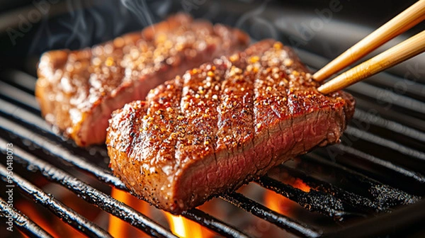 Fototapeta Exquisite Bites, a perfectly marbled steak, cooked to perfection, a feast for the senses in both flavor and presentation.