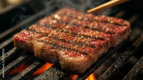 Fototapeta Flame-Kissed Elegance, a marbled steak seared over open flames, embodying the art of grilling and the luxury of gourmet cuisine.