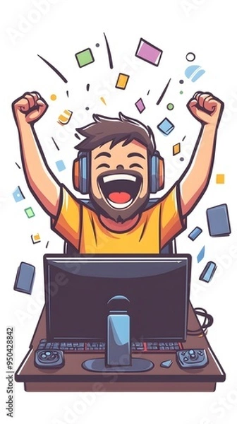Obraz A cartoon-style vector illustration of an excited man sitting in front of his computer, celebrating after winning at video games or esports
