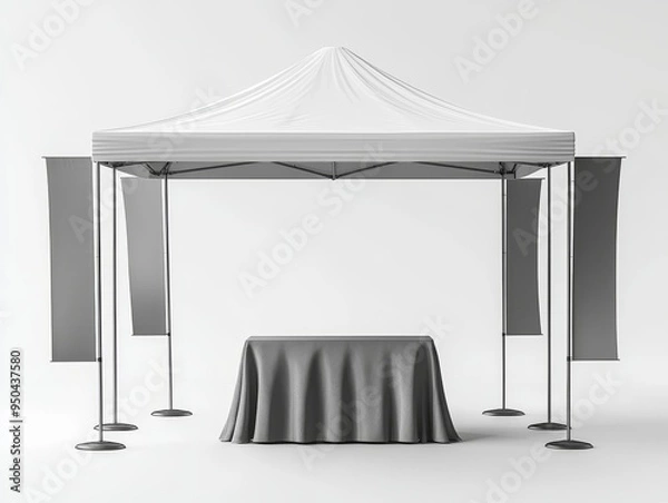 Fototapeta White Canopy Tent with Blank Banners and Grey Tablecloth Perspective View Ready for Your Branding