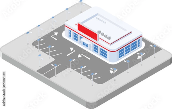 Fototapeta isometric scene of community shopping mall center building and parking lot