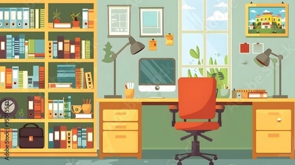 Fototapeta Modern Home Office Desk With Computer And Chair