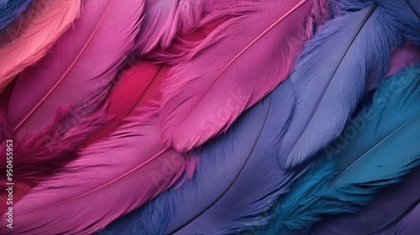 Obraz Detailed close-up capturing the variety and vibrancy of colorful feathers that have been meticulously arranged, showcasing the intricate textures and lively hues.