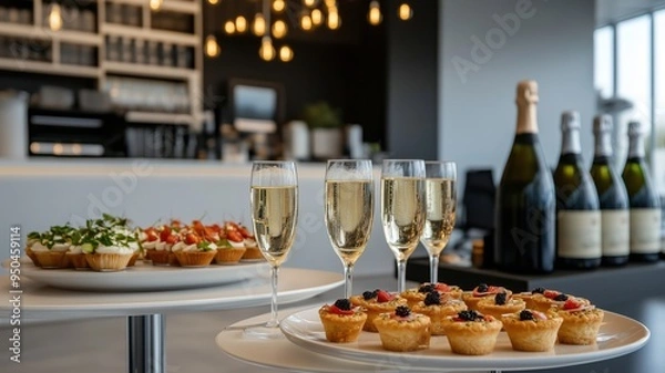 Fototapeta Catering setup in a modern office interior with tables featuring tartlets, snacks, canapés, and champagne. The scene highlights a sophisticated office event and elegant refreshments.