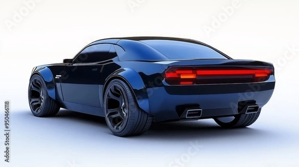 Fototapeta A sleek black sports car with a rear spoiler and dual exhaust pipes.  The car is isolated on a white background.