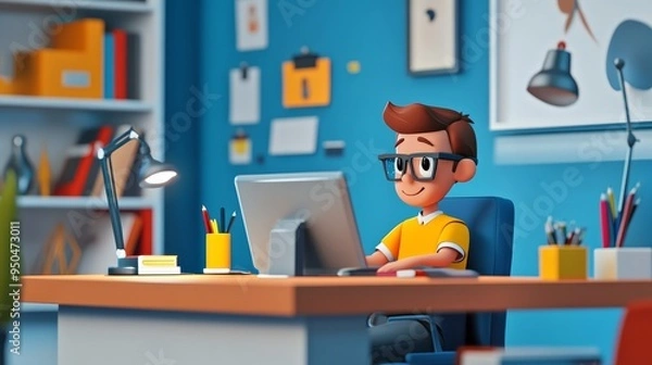Fototapeta A cartoon boy sits at his desk in a home office, smiling while using a computer.