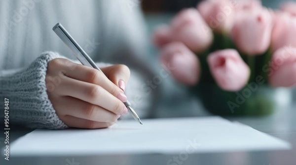Fototapeta A person dressed in a grey sweater writes with a pen on a white sheet of paper, with a blurry background featuring pink flowers, creating a dreamy and focused atmosphere.