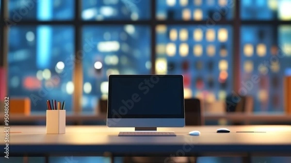 Obraz A desk with a computer, keyboard, mouse, and a cup of pens in front of a large window with a city skyline at night.