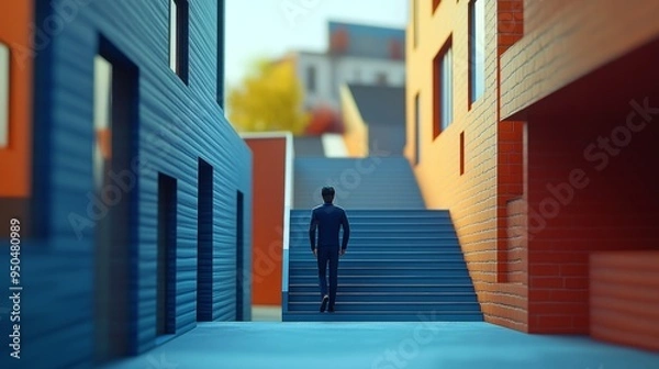 Fototapeta A lone figure walks up a set of stairs in a colorful, modern cityscape.