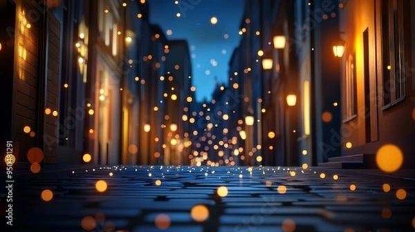 Fototapeta A magical night scene with glowing lanterns floating above a cobblestone street.
