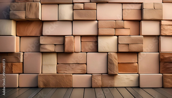 Fototapeta A textured wall made of bricks in various shades of beige and brown with a wooden floor beneath it