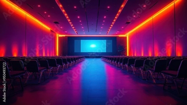 Fototapeta elegant conference hall setup rows of chairs facing stage stateoftheart av equipment mood lighting corporate event atmosphere professional ambiance