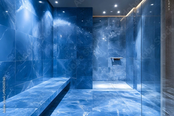 Fototapeta Modern interior with blue marble walls