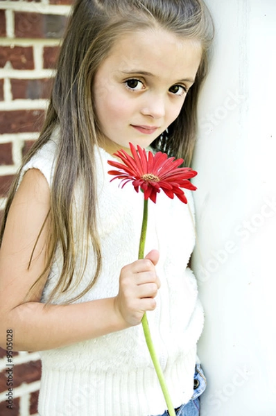 Fototapeta Beautiful Child holding a red flower in her hand.